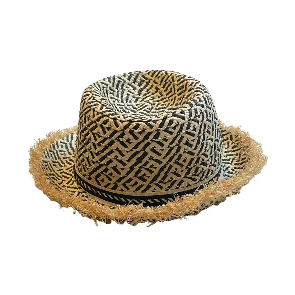 Kids Target Straw Fedora Sun Hat Black Tan Frayed Brim Hat Day NWOT